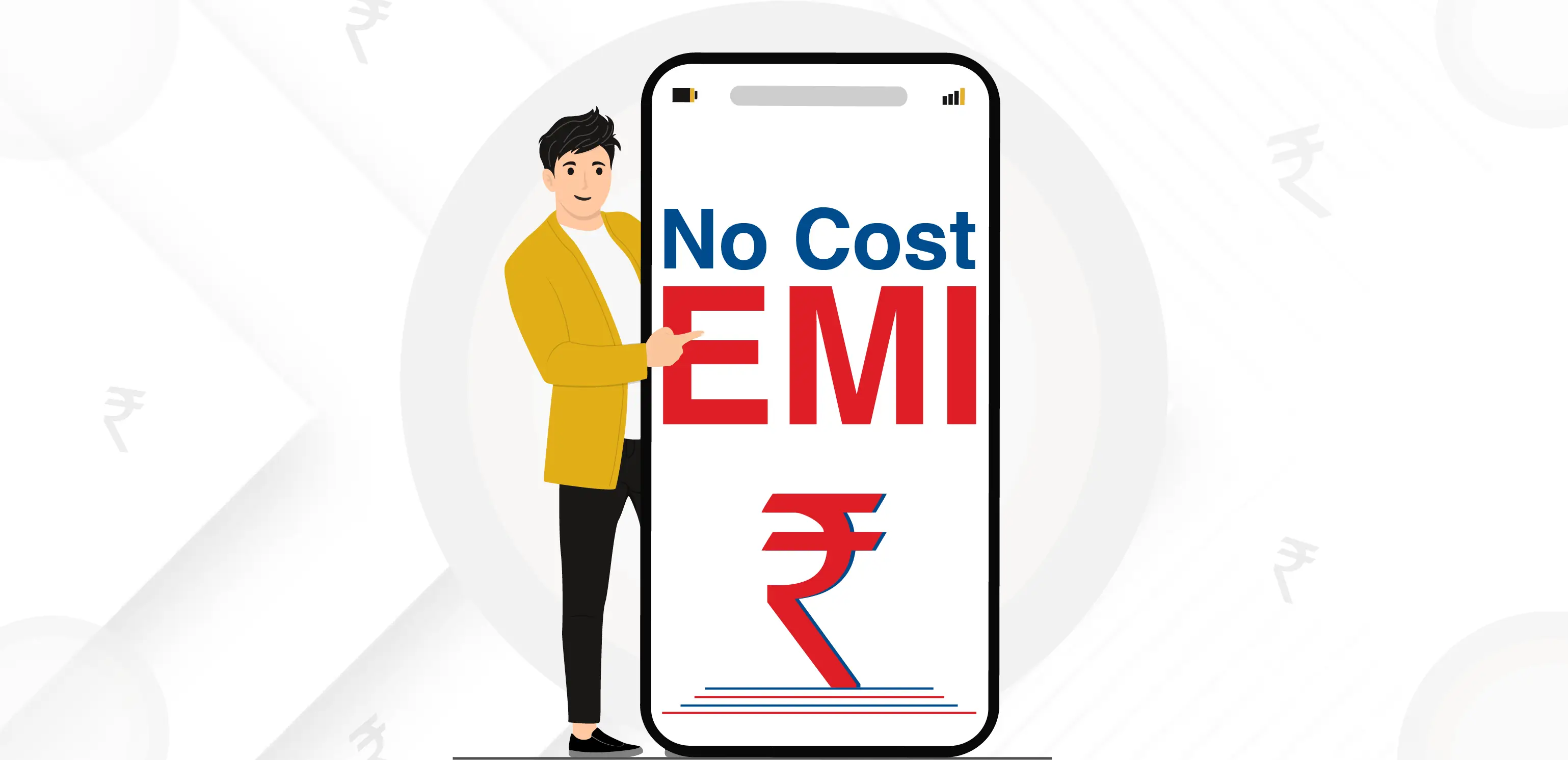 A hand holding a smartphone with an EMI plan displayed on the screen, symbolizing purchasing a mobile on no-cost EMI.