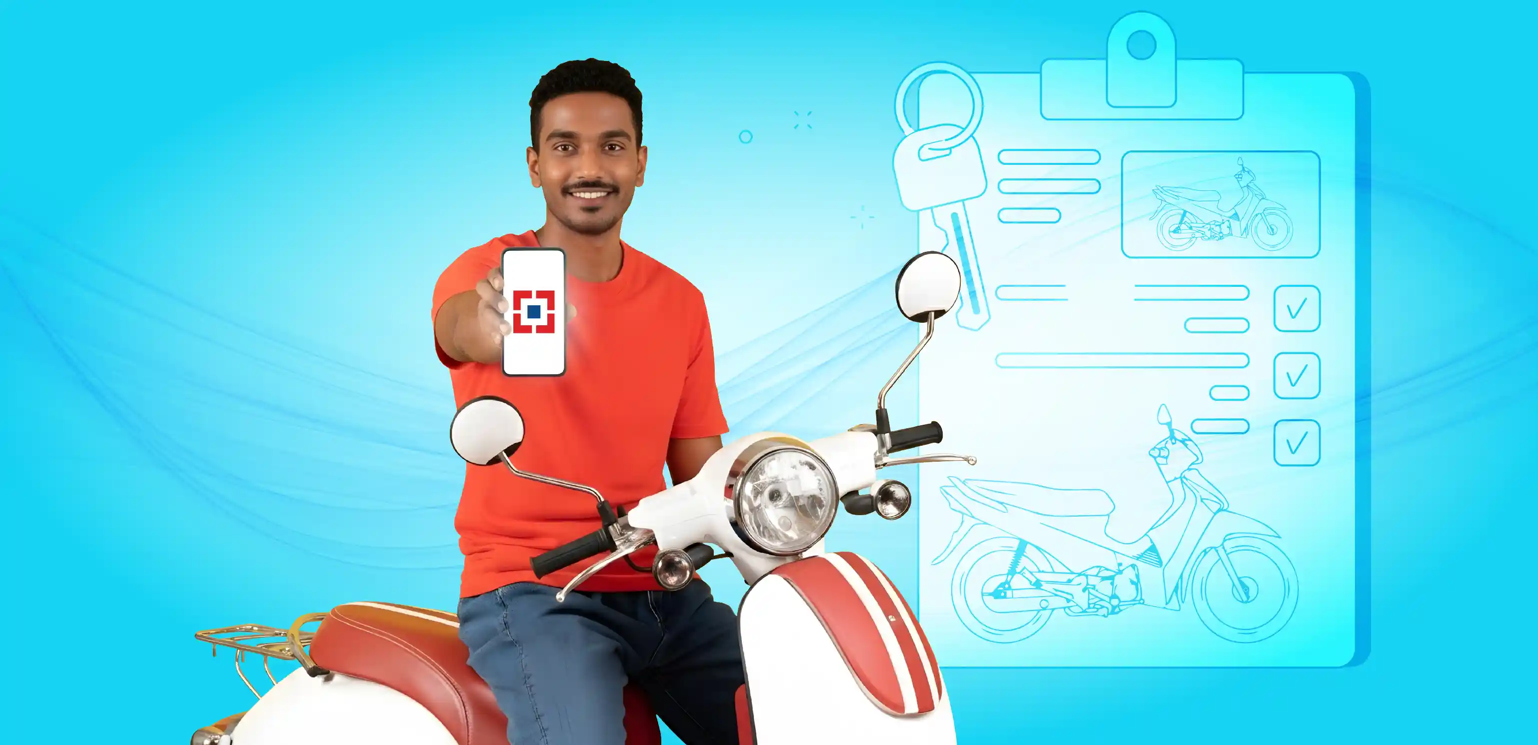A person happily getting on their new two-wheeler, symbolizing easy finance and freedom.