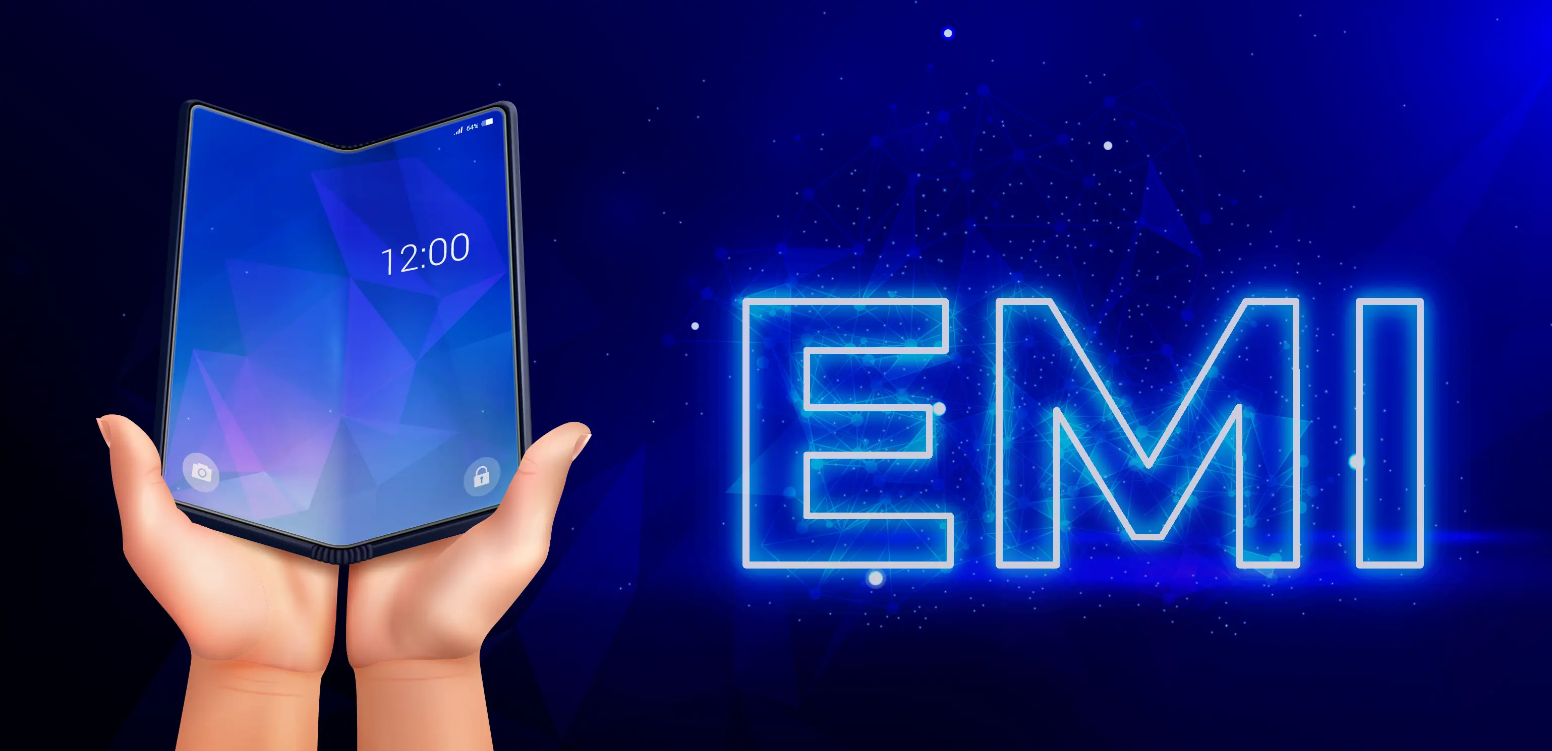 A person using their smartphone, with a calculator in the background showing a loan EMI, symbolizing buying a mobile on EMI.